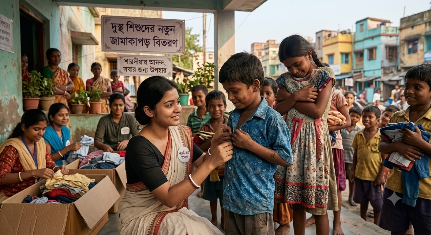 বাংলা: শারদীয়ার আনন্দ: দুঃস্থ শিশুদের নতুন জামা-কাপড় উপহার |  English: Sharadiya Joy: New Clothes for Underprivileged Children